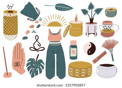 Set Meditation Items in hand drawn style. Vector Yoga Stuff