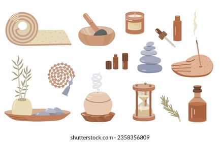 Set of meditation items.Singing bowl, yoga mat, beads,  incense burner, hourglass, essential oil diffuser, essential oils, candle, stones. Vector illustration for design, clipart.