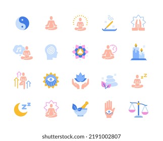 Set of Meditation Related colorful Icons. Yin and yang, mental health, aromatherapy, yoga and mindfulness. Design elements for app. Cartoon flat vector collection isolated on white background