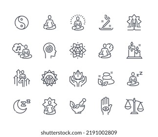 Set von Meditation verwandte Line-Symbole. Psychologisches Gleichgewicht, psychische Gesundheit, Yoga und Lotus Posen. Designelemente für Apps. Bearbeitbarer Stroke. Cartoon-flache Vektorgrafik-Sammlung einzeln auf Weiß