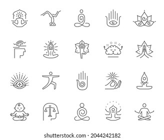 Set of meditation and yoga related line icons. Graphic design elements and logo templates for studios. Editable stroke. 