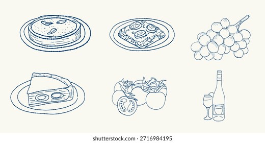 Set  of mediterrain cook vector element, grape, tomato, wine and italian bakery, cake, slice of cake, blue line art