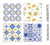 Set of Mediterranean Amalfi Coast patterns. Citrus on ceramic tile. Portuguese, Sicilian, Spanish tile traditional design. Backdrop for wrapping paper, wallpaper, fabric, textile. Vector illustration.