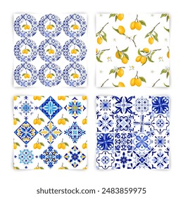 Set of Mediterranean Amalfi Coast patterns. Citrus on ceramic tile. Portuguese, Sicilian, Spanish tile traditional design. Backdrop for wrapping paper, wallpaper, fabric, textile. Vector illustration.