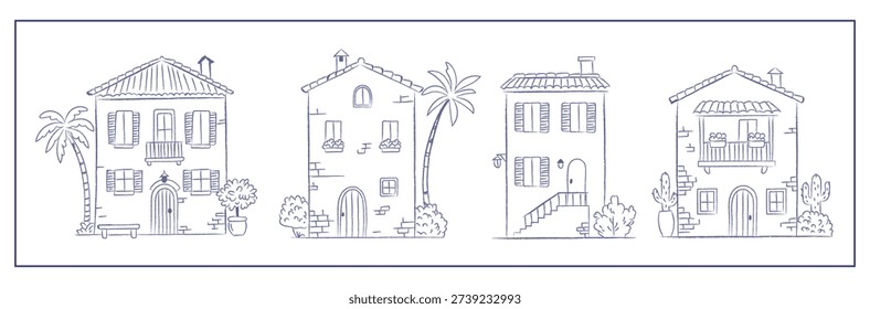  Set of Mediterranean architectural facades in a clean vector style. Inspired by coastal towns of Italy and Spain, ideal for travel postcards, hotel branding, and architectural projects.