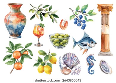Conjunto de elementos mediterrânicos. Conceito da Grécia. Antigo vaso grego e colunas, azeitonas, limão, laranja e outros. Aperol vidro com azeitonas, cavalo marinho e conchas. Elementos de viagem marítima.