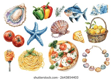 Conjunto de elementos alimentares mediterrânicos e conchas png. Aquarela produtos mediterrânicos, peixe, alecrim, pimenta, pizza margherita e vinho. Cozinha italiana. Ilustração vetorial.