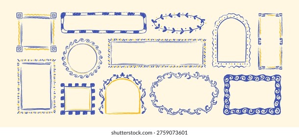 Set of mediterranean hand drawn crayon frames. Italy, Amalfy, Positano La Dolce vita style borders. Greek key pattern, sea wave Poseidon motif, mosaic ornament boarders. Postage stamp and postcard
