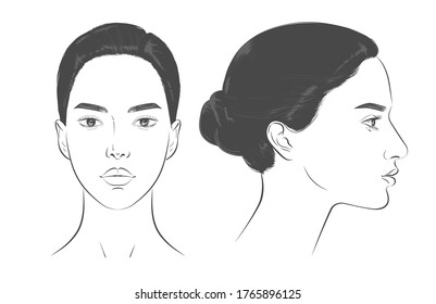 Set Of Mediterranean And Middle Eastern Multicultural Women Portrait Two Dimension Angles. Different View Front, Profile Side View Of A Girl Face. Vector Line Sketch Illustration.