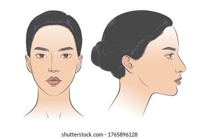 Set of Mediterranean and Middle Eastern multicultural women portrait two dimension angles. Different view front, profile side view of a girl face. Vector line sketch illustration.