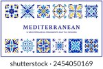 Set of Mediterranean ornaments and tiles. Spanish, Portuguese Italian Blue and Yellow Tiles. Vector illustration. 