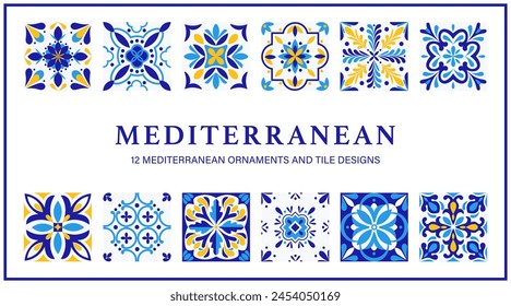 Set of Mediterranean ornaments and tiles. Spanish, Portuguese Italian Blue and Yellow Tiles. Vector illustration. 