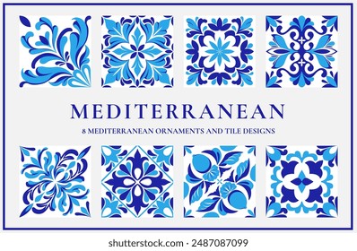 Set von mediterranen Ornamenten und Fliesen. Spanisch, Portugiesisch Italienisch Blau und Weiß Fliesen. Vektorillustration. 