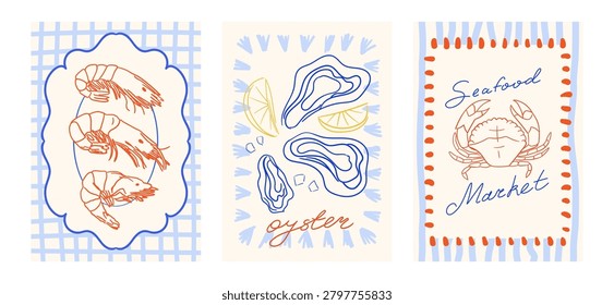 Set of mediterranean posters with hand drawn seafood vector line illustrations and frames on striped and checkered backgrounds. Shrimps, oysters and crab in vintage elegant style