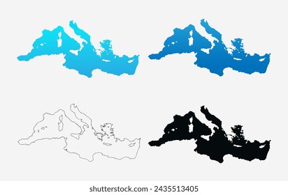 Set of Mediterranean Sea outlines on white background. Vector illustration 