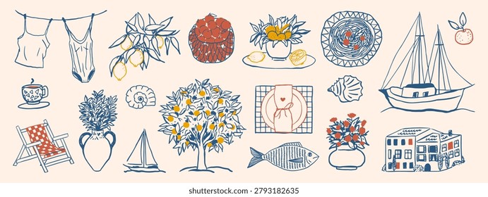 Set of Mediterranean summer holiday elements. Hand drawn collection of  lemon tree, sailboat, coastal villa, pasta dish, and lifestyle icons in a naive  blue and red sketch style