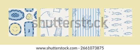 Set of Mediterranean summer whimsical seamless patterns. Coastal hand drawn vector wallpaper collection. Nautical decorative fun Italian retro cards. Perfect for summer sea vacation, beach resort vibe