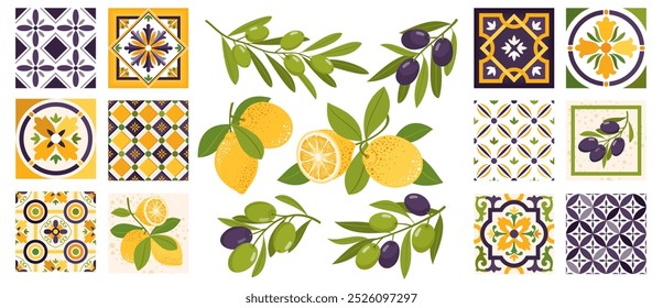 A set of Mediterranean tiles, lemon and olive branches. Ceramic tiles with an Italian stylized pattern. Lemon branches, green and black olives. Illustrated vector clipart.