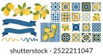 A set of Mediterranean tiles, lemons, banners. Ceramic tiles with an Italian stylized pattern. Mediterranean seamless pattern. For packaging, textiles, paper and more. Illustrated vector clipart. 