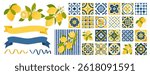 A set of Mediterranean tiles, lemons, banners. Ceramic tiles with an Italian stylized pattern.  For packaging, textiles, paper and more. Illustrated vector clipart. Hand draw no ai. 