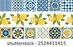 A set of Mediterranean tiles, lemons, borders. Ceramic tiles with an Italian stylized pattern. Seamless horizontal pattern. Seamless border made of lemon fruits and tiles. Illustrated vector clipart. 