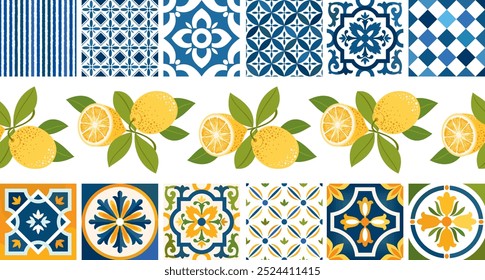 A set of Mediterranean tiles, lemons, borders. Ceramic tiles with an Italian stylized pattern. Seamless horizontal pattern. Seamless border made of lemon fruits and tiles. Illustrated vector clipart. 