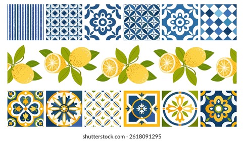 A set of Mediterranean tiles, lemons, borders. Ceramic tiles with an Italian stylized pattern. Seamless horizontal pattern. Seamless border made of lemon fruits. Illustrated clipart. Hand draw no AI. 