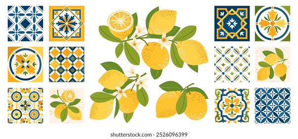 A set of Mediterranean tiles and lemons on the branches. Ceramic tiles with an Italian stylized pattern. Lemon fruits on the branches, lemon flowers. Illustrated vector clipart.