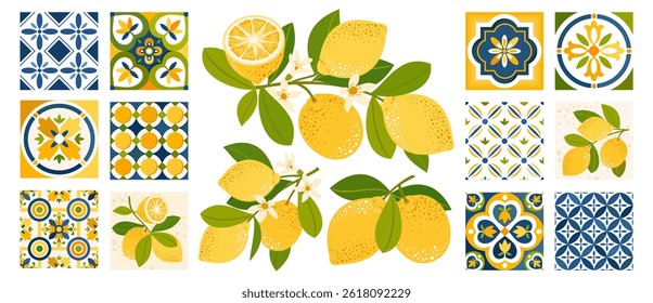 Un conjunto de azulejos mediterráneos y limones en las ramas. Baldosas cerámicas con un diseño estilizado italiano. Frutas de limón en las ramas, flores de limón. Clipart de Vector ilustrado. Dibuja a mano sin ayuda.
