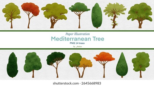 Conjunto de ilustraciones de árboles mediterráneos con detalles de textura de papel. Dibujo a mano sobre fondo aislado (PNG)