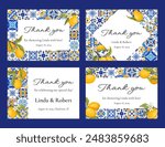 Set of mediterranean wedding and bridal shower thank you cards. Blue tiles, lemons and green leaves. Amalfi coast wedding gratitude template printable cards. Vector illustration.