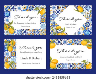 Set of mediterranean wedding and bridal shower thank you cards. Blue tiles, lemons and green leaves. Amalfi coast wedding gratitude template printable cards. Vector illustration.