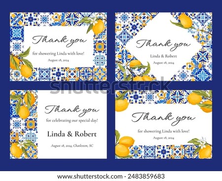 Set of mediterranean wedding and bridal shower thank you cards. Blue tiles, lemons and green leaves. Amalfi coast wedding gratitude template printable cards. Vector illustration.