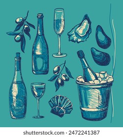 Set of mediterranean wines, seafood and olives, hand drawn style vector illustration