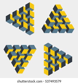 Set of medium penrose triangles constructed of 10 blocks. Isometric 3d design. Mathematical object with mental trick. Optical illusion of brain. Symbol with three-dimensional effect. Imp art.