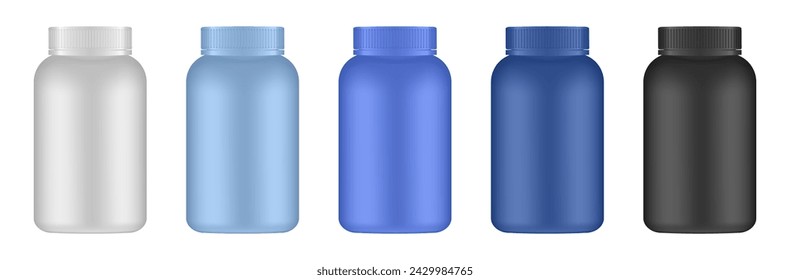 Set de botellas de pastillas médicas de tamaño mediano. Frascos blancos, azules y negros. Envase de medicina de plástico. maqueta 3d de un envase farmacéutico