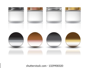 Set of medium white cosmetic round jar with black-copper-silver-gold lid mockup template. Isolated on white background with reflection shadow. Ready to use for package design. Vector illustration.