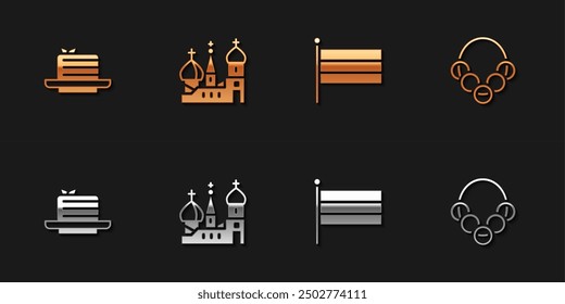 Conjunto Medovik, Catedral de San Basilio, bandera nacional de Rusia e icono de bagels rusos. Vector