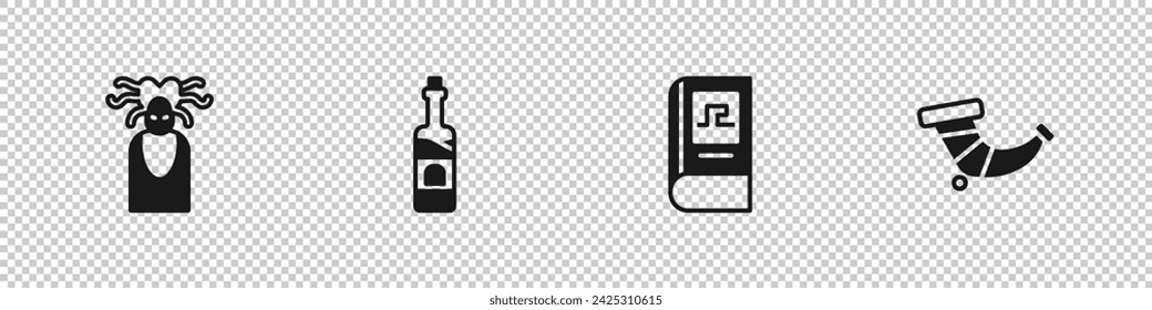 Set Medusa Gorgon, Bottle of wine, Greek history book and Hunting horn icon. Vector