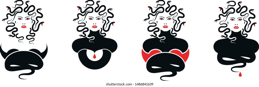 Set of Medusa Gorgon in different dresses. Vector illustration