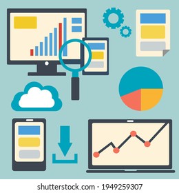 Set of meeting chart equipment in a flat design style. Computer screen, tablet, magnifying glass, laptop, cloud, download sign, pie chart for meeting material