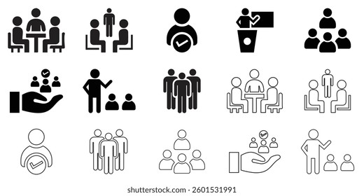 Set of Meeting icon.Containing seminar, business meeting, presentation, interview, conference, assembly, 
agreement and discussion icons.of Vector illustration 