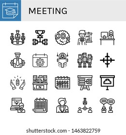 Set of meeting icons such as Calendar, Team, Schedule, Co, Presentation, Reception, Management, Human resources, Center of gravity, Hands, Interview, Administrator, Receptionist , meeting
