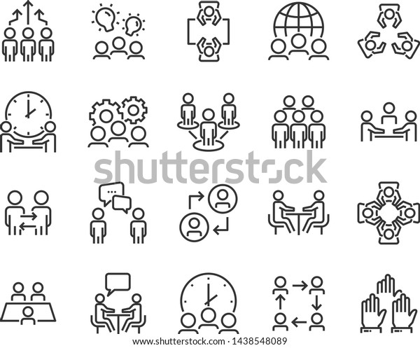 set of meeting icons, such as  group, team,\
people, conference, leader,\
discussion