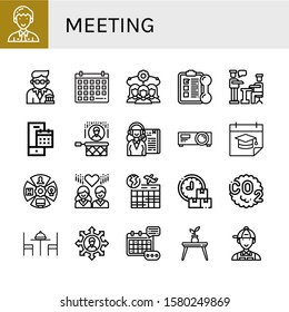 Set of meeting icons. Such as Manager, Banker, Calendar, Team, Training, Presentation, Headhunting, Receptionist, Projector, Role, Schedule, Co, Table, Event , meeting icons