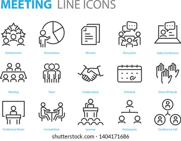 set of meeting icons, such as seminar, classroom, team, conference, work, classroom