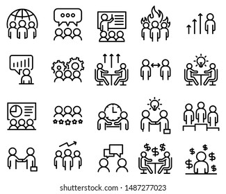 Reihe von Tagungssymbolen, wie Seminar-, Klassenzimmer, Team-, Konferenz-, Arbeits- und Klassenräume
