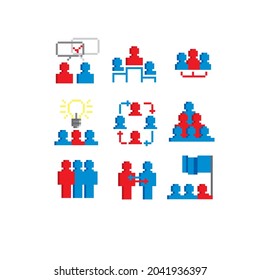Set of meeting icons, such as seminar, classroom, team, conference, work, classroom. Pixel art. Old school computer graphic style. Game assets. 8-bit.
