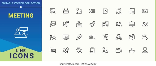 Set of Meeting line icon. Includes symbols for employee, candidate, presentation, resource, hiring, job and more. Interview icon set. Icons for UI design. Vector artwork and illustration.