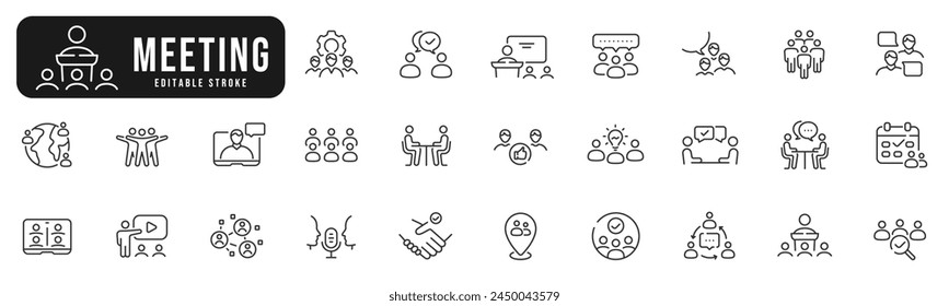 Set of meeting related line icons. Conference, team, group, presentation etc. Editable stroke